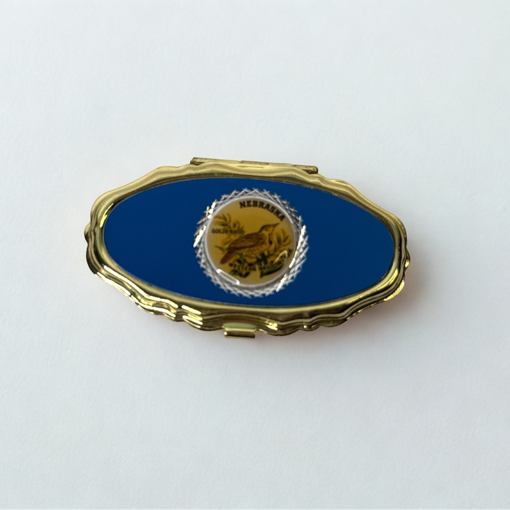 Vintage Nebraska State Pill Box – Gold Trimmed Travel Souvenir Trinket Case